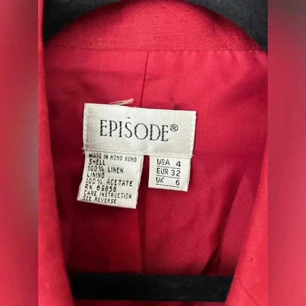 Vintage 90s Episode Red Linen Blazer Gold Button Tailored Jacket Women Size 4 - Picture 3 of 11